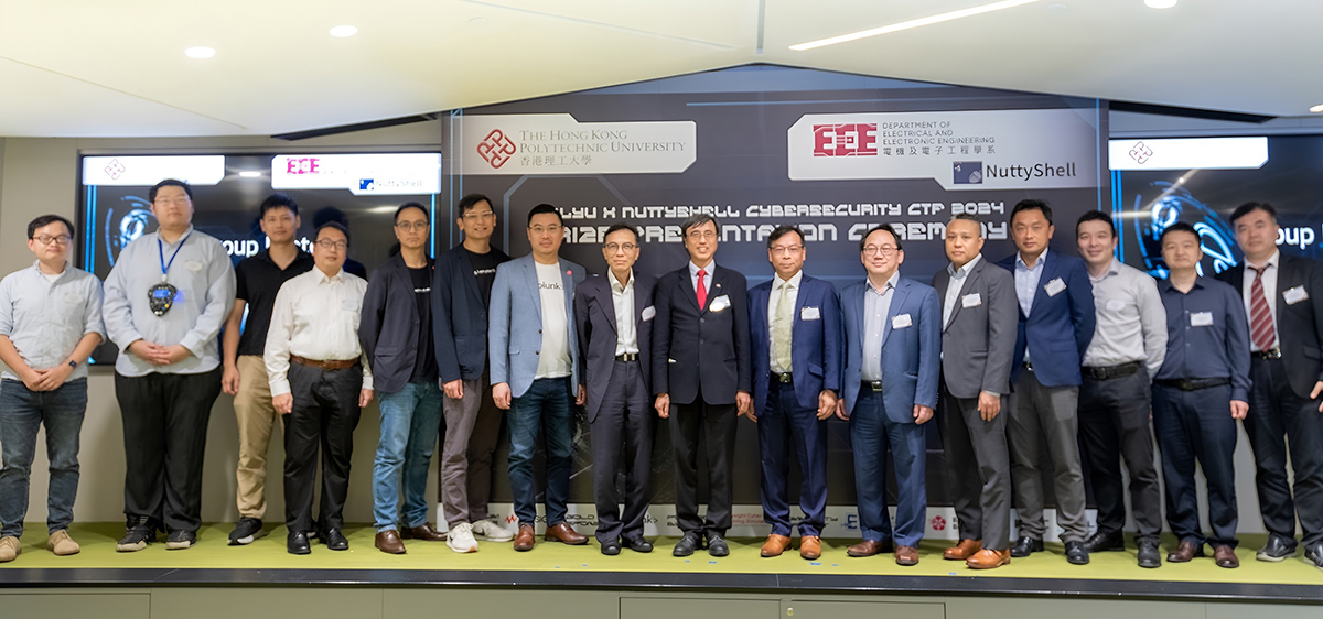 Mr Michael Chan, Chief Systems Manager (Cyber Security) (middle), Prof. KY WONG (9th left), Prof. CY CHUNG (6th right), Mr Franklin SO (8th left), Dr Barry WONG (7th right), Prof. Haibo HU (1st right) and other guests in a group photo at the “PolyU x NuttyShell Cybersecurity CTF 2024 Prize Presentation Ceremony”.