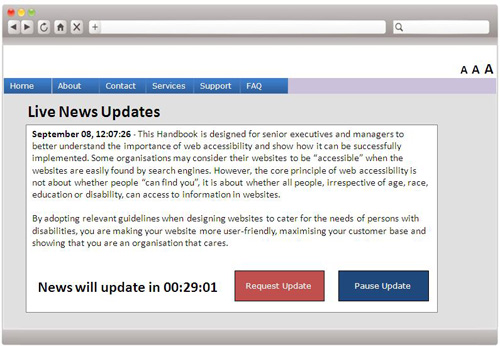 A webpage sample containing live news updates with a feature implemented to request or pause the updates.